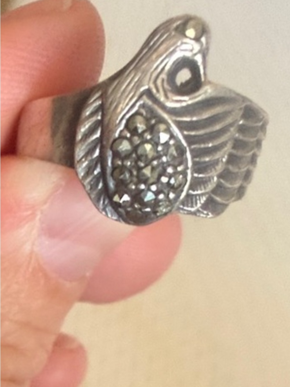 Solid Sterling Silver Peacock Ring w Marcasite Stones